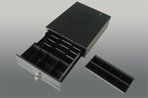 Szuflada kasowa Aclas mała CWY5 z pionowymi kieszeniami na banknoty, uniwersalna, zasilana pasywnie